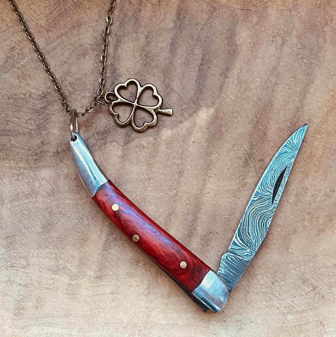 Damascus Knife Necklace or Keychain Mini Blade Pendant Custom Chain Charm Statement Jewelry
