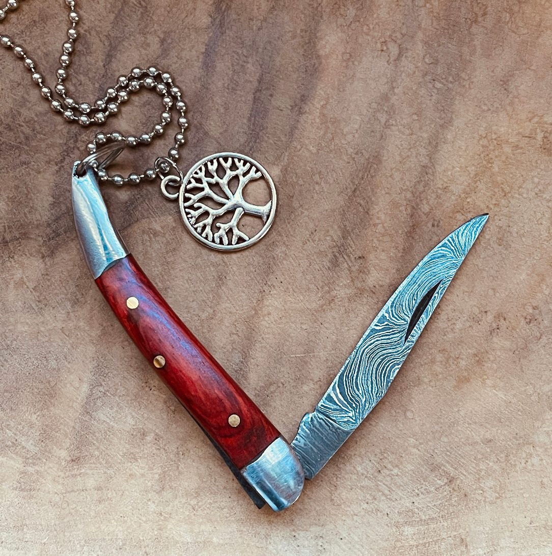 Damascus Knife Necklace or Keychain Mini Blade Pendant Custom Chain Charm Statement Jewelry
