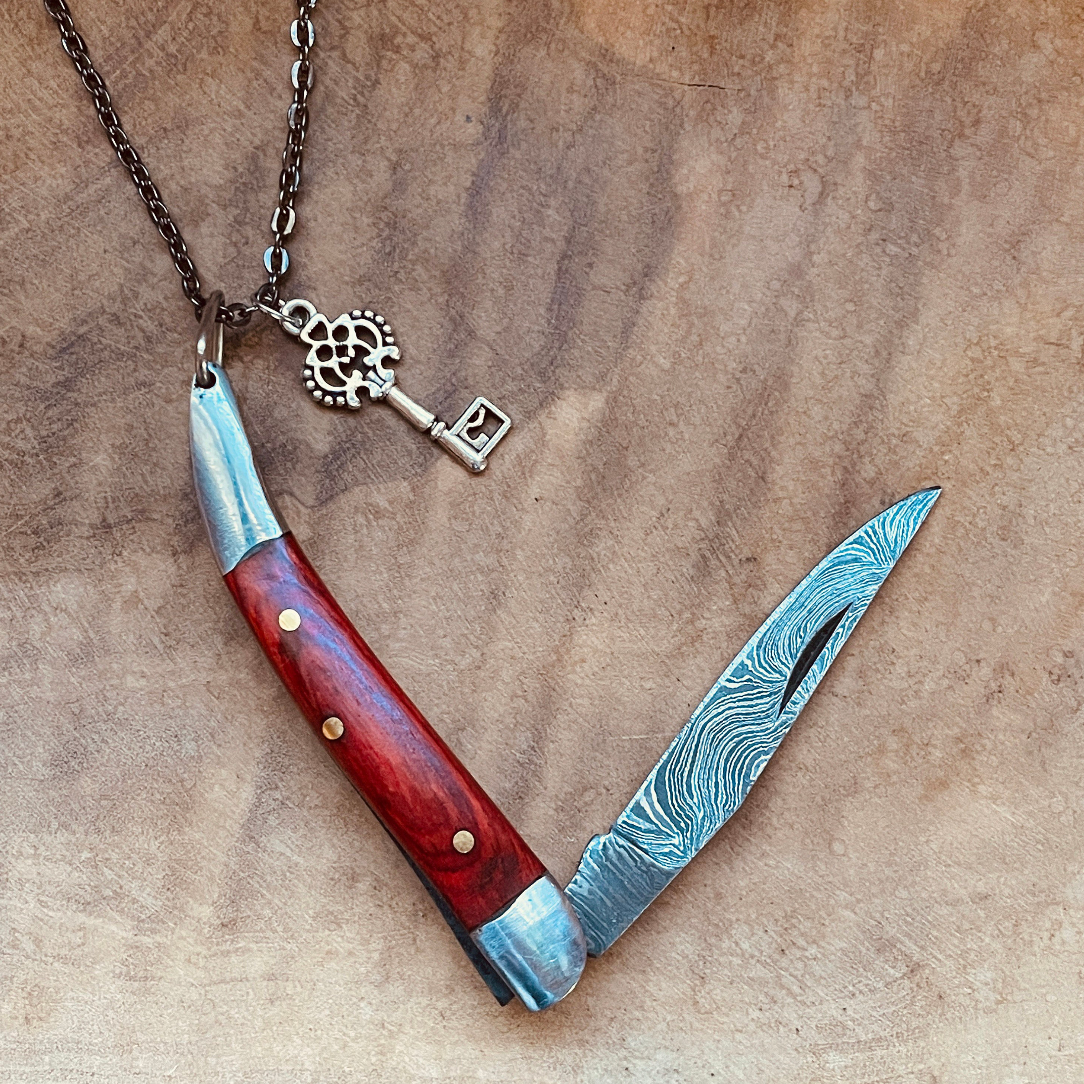 Damascus Knife Necklace or Keychain Mini Blade Pendant Custom Chain Charm Statement Jewelry