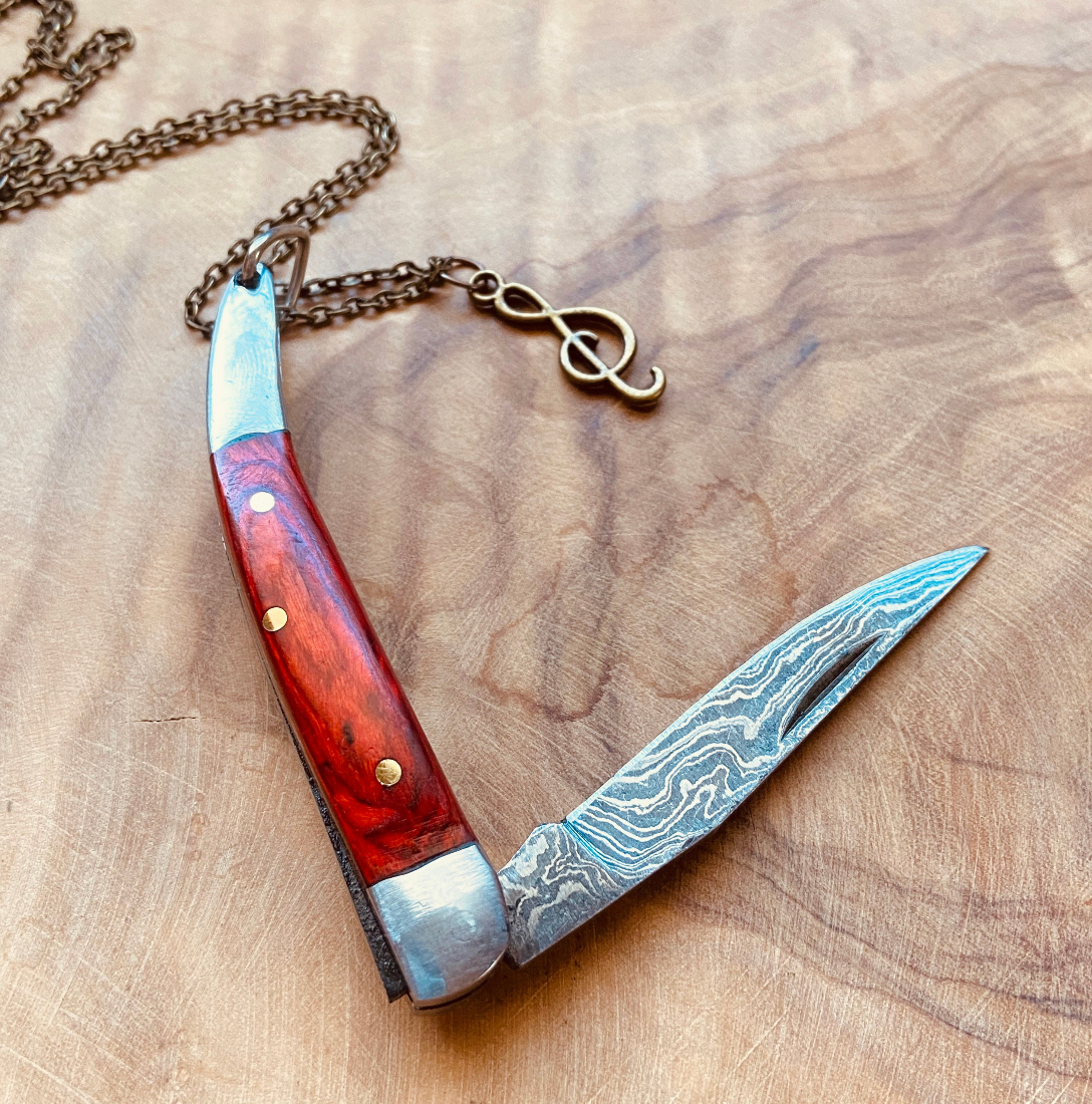 Damascus Knife Necklace or Keychain Mini Blade Pendant Custom Chain Charm Statement Jewelry