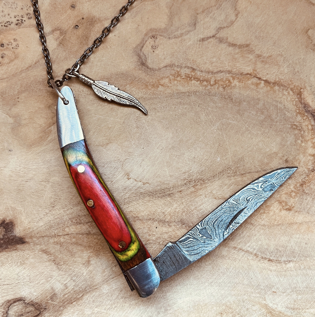 Damascus Pocket Knife Necklace or Keychain Hand Forged Folding Knife Pendant Custom Chain and Charm Option