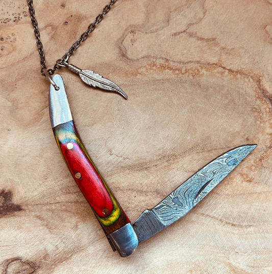 Damascus Pocket Knife Necklace or Keychain Hand Forged Folding Knife Pendant Custom Chain and Charm Option
