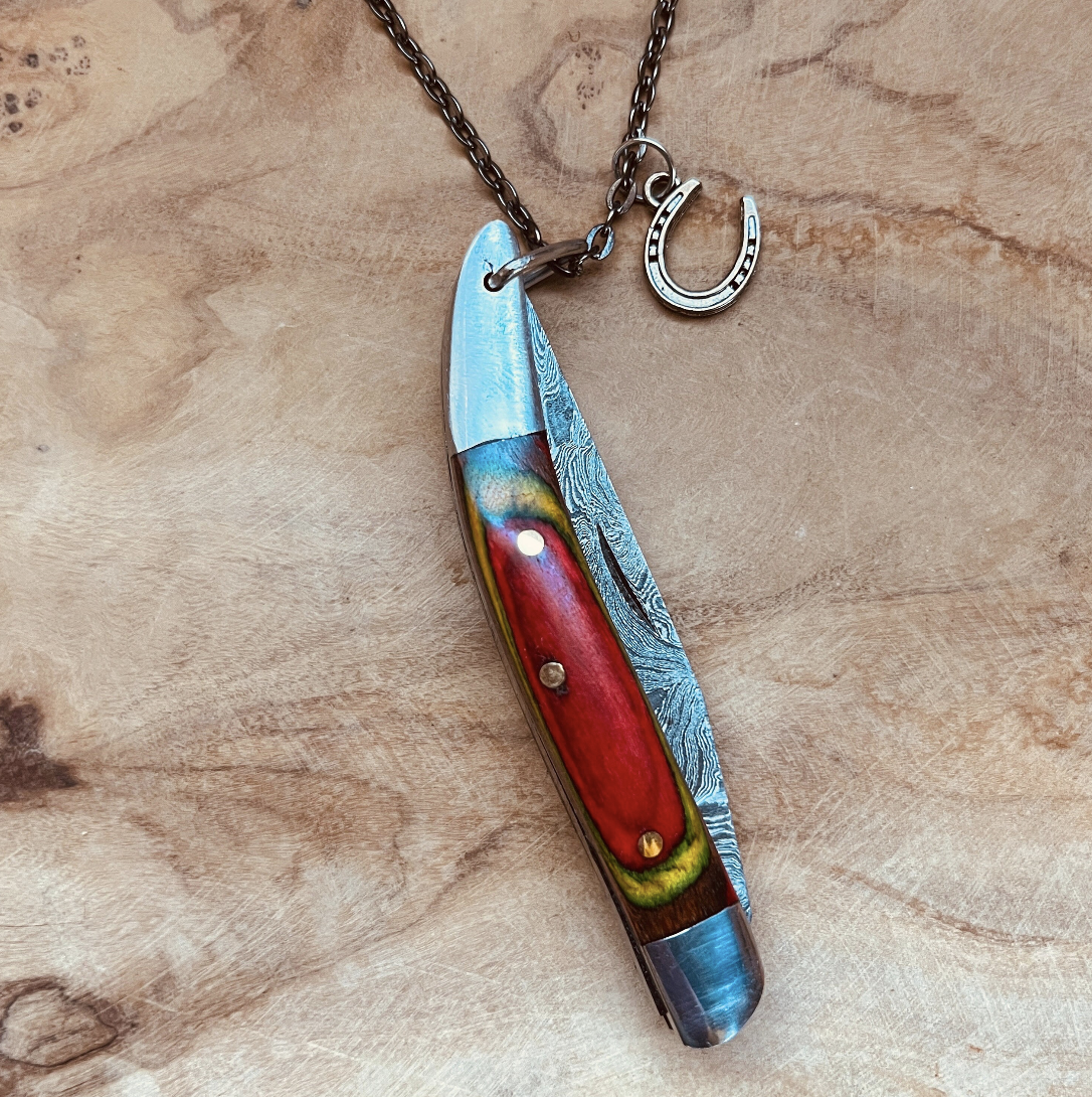 Damascus Pocket Knife Necklace or Keychain Hand Forged Folding Knife Pendant Custom Chain and Charm Option