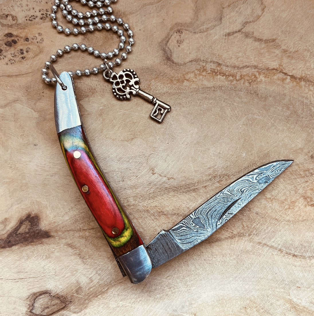 Damascus Pocket Knife Necklace or Keychain Hand Forged Folding Knife Pendant Custom Chain and Charm Option
