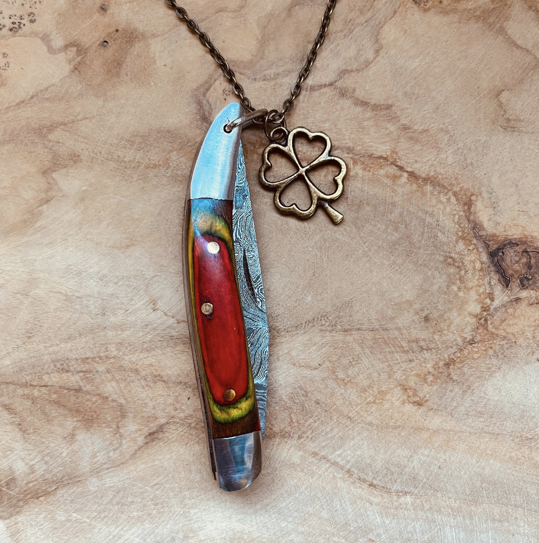 Damascus Pocket Knife Necklace or Keychain Hand Forged Folding Knife Pendant Custom Chain and Charm Option