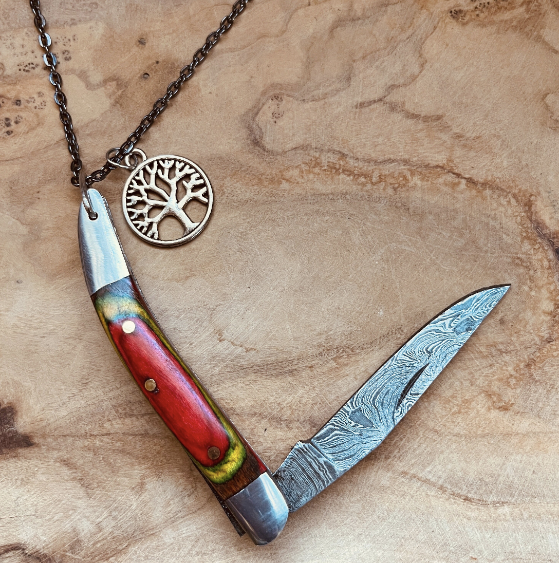 Damascus Pocket Knife Necklace or Keychain Hand Forged Folding Knife Pendant Custom Chain and Charm Option