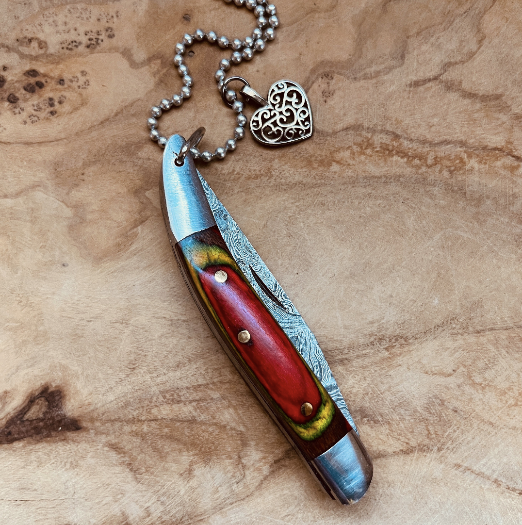 Damascus Pocket Knife Necklace or Keychain Hand Forged Folding Knife Pendant Custom Chain and Charm Option