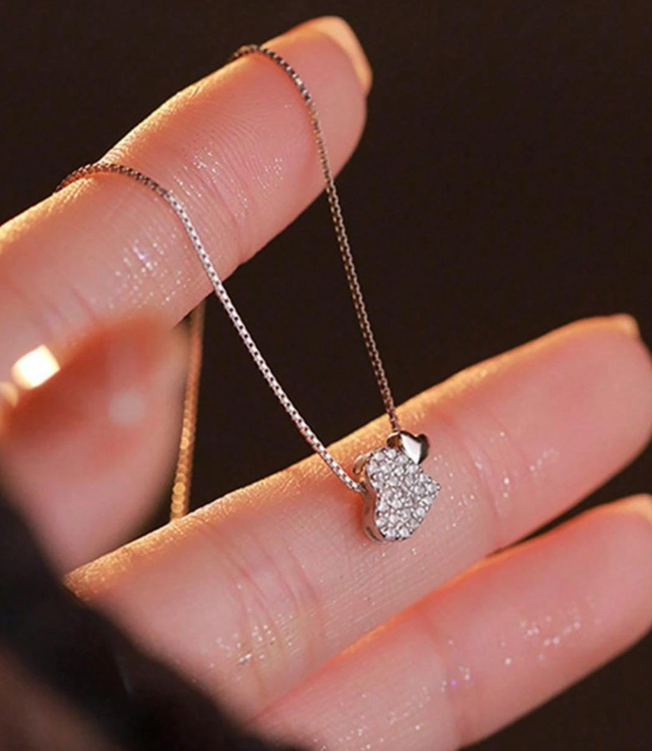 Dainty Heart Necklace, Double Heart Pendant, Crystal Pave Heart Necklace, Minimalist Everyday Jewelry, Gift for Her, Silver Heart Pendant