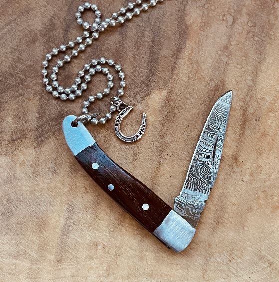 Damascus Knife Necklace, Folding Knife Pendant, Damascus Steel Jewelry, Personalized Charm Necklace, Rustic Necklace for Men & Women, Keychain Option