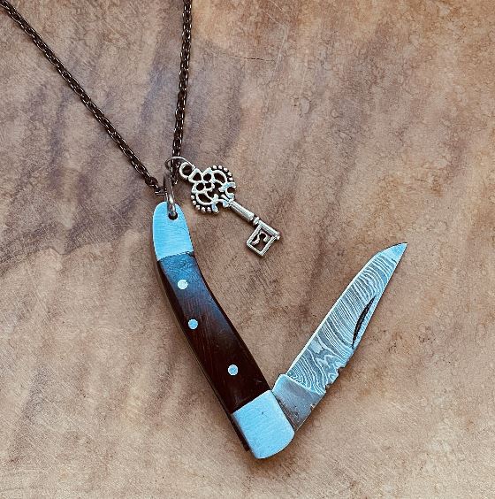 Damascus Knife Necklace, Folding Knife Pendant, Damascus Steel Jewelry, Personalized Charm Necklace, Rustic Necklace for Men & Women, Keychain Option