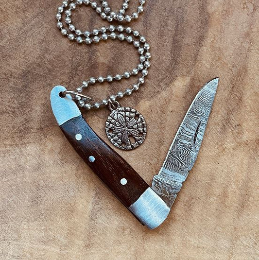 Damascus Knife Necklace, Folding Knife Pendant, Damascus Steel Jewelry, Personalized Charm Necklace, Rustic Necklace for Men & Women, Keychain Option