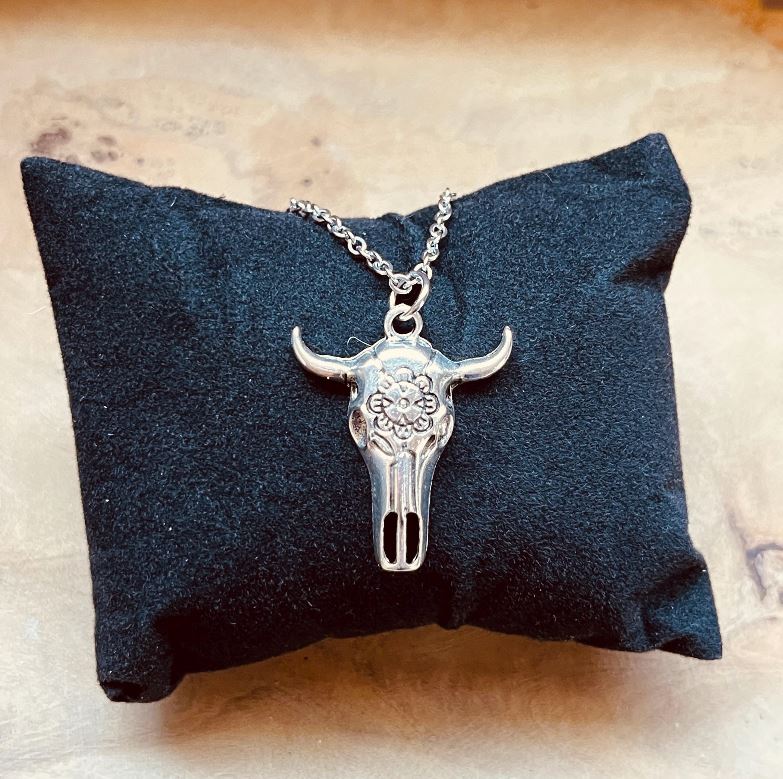 Bull Skull Necklace, Western Cow Skull Pendant, Cattle Skull, Silver Adjustable Chain Statement Necklace