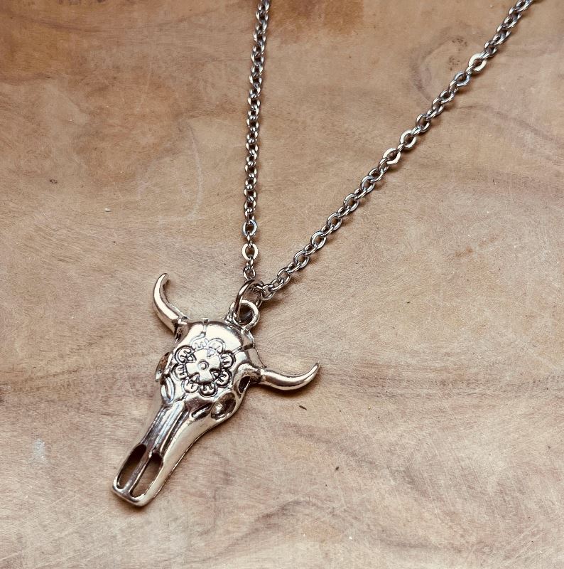 Bull Skull Necklace, Western Cow Skull Pendant, Cattle Skull, Silver Adjustable Chain Statement Necklace