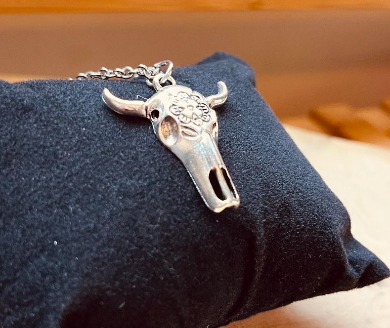 Bull Skull Necklace, Western Cow Skull Pendant, Cattle Skull, Silver Adjustable Chain Statement Necklace