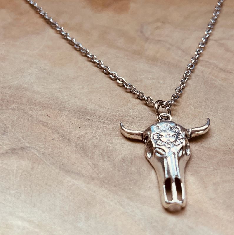 Bull Skull Necklace, Western Cow Skull Pendant, Cattle Skull, Silver Adjustable Chain Statement Necklace