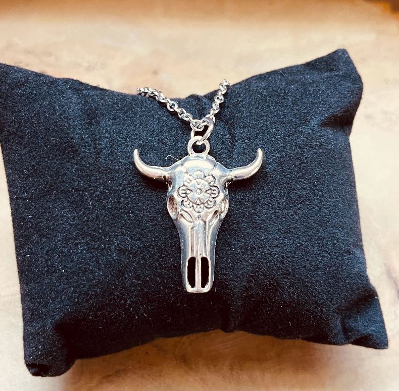 Bull Skull Necklace, Western Cow Skull Pendant, Cattle Skull, Silver Adjustable Chain Statement Necklace