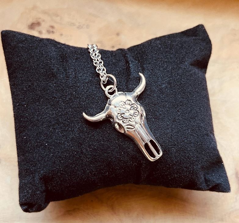 Bull Skull Necklace, Western Cow Skull Pendant, Cattle Skull, Silver Adjustable Chain Statement Necklace