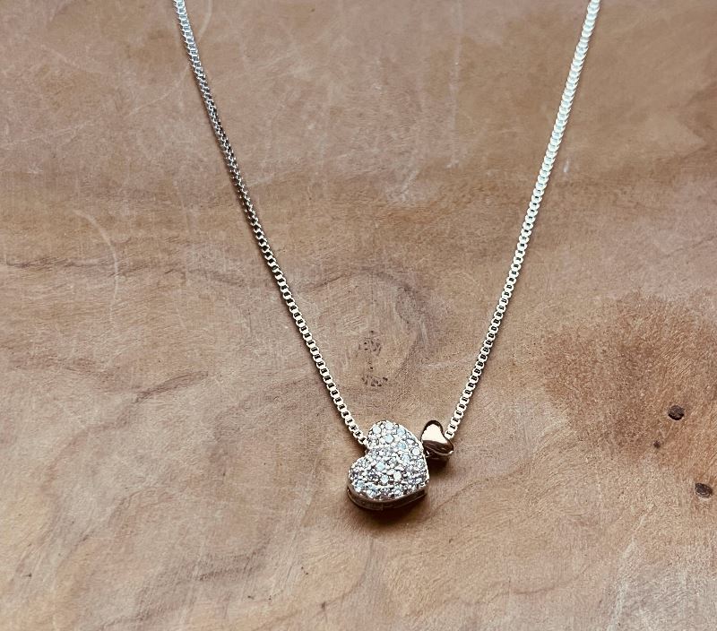 Dainty Heart Necklace, Double Heart Pendant, Crystal Pave Heart Necklace, Minimalist Everyday Jewelry, Gift for Her, Silver Heart Pendant