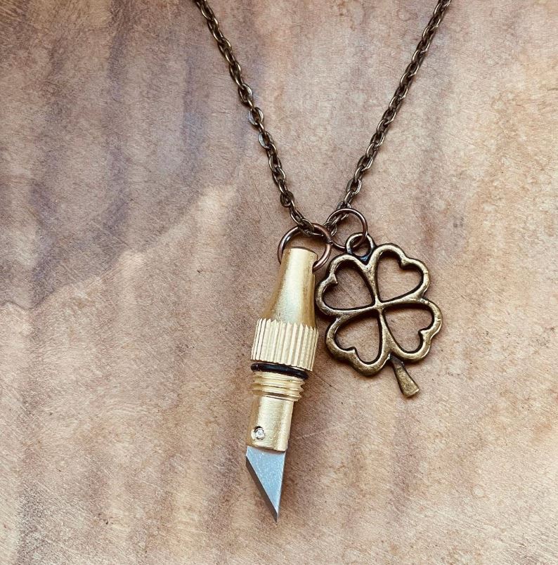 Mini Blade Necklace or Keychain, Brass Utility Knife Pendant, Functional Pendant, Personalized Charm Necklace, Everyday Carry Jewelry