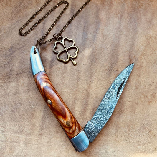 Damascus Pocket Knife Necklace or Keychain Hand Forged Folding Knife Pendant Custom Chain and Charm Option