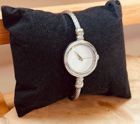 Silver Rope Bangle Watch, Round Bezel Watch, Pointer Quartz, White & Silver, Adjustable, Bracelet Stack, Minimalist, Retro Style, Dainty, Elegant Twist Band