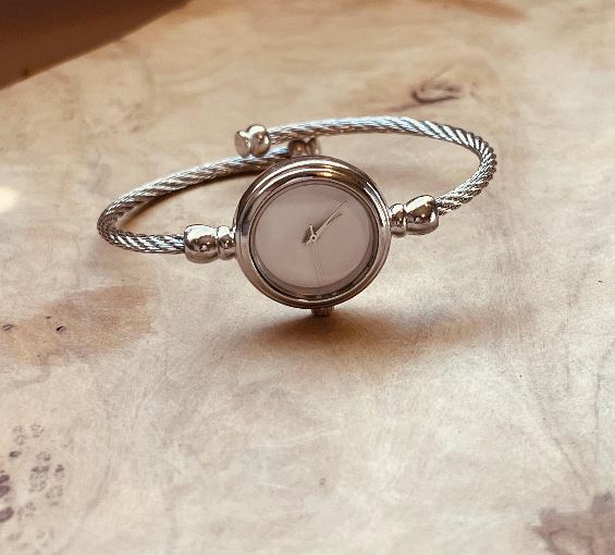 Silver Rope Bangle Watch, Round Bezel Watch, Pointer Quartz, White & Silver, Adjustable, Bracelet Stack, Minimalist, Retro Style, Dainty, Elegant Twist Band