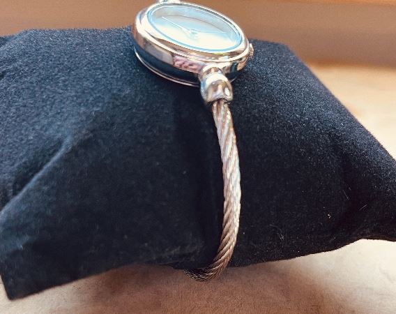 Silver Rope Bangle Watch, Round Bezel Watch, Pointer Quartz, White & Silver, Adjustable, Bracelet Stack, Minimalist, Retro Style, Dainty, Elegant Twist Band