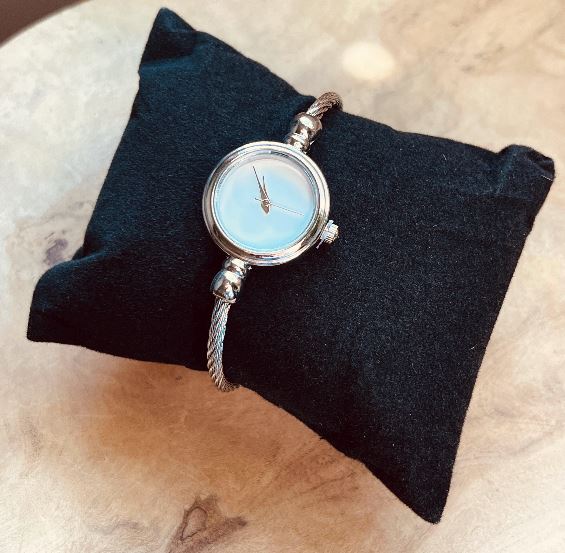 Silver Rope Bangle Watch, Round Bezel Watch, Pointer Quartz, White & Silver, Adjustable, Bracelet Stack, Minimalist, Retro Style, Dainty, Elegant Twist Band